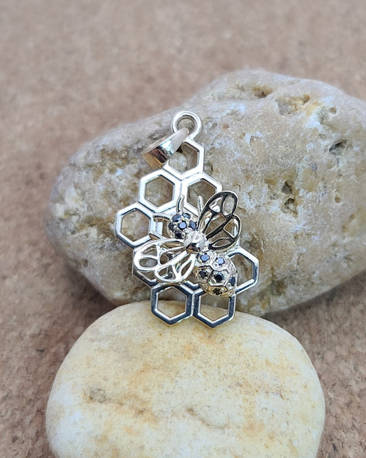 Black Diamond Honeybee on Comb Pendant